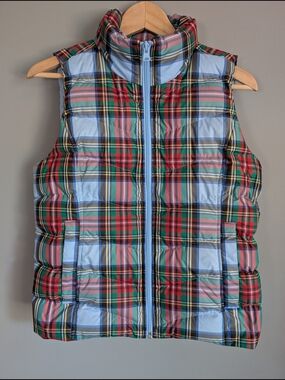 Lands' End Light Blue Quilted Vest with Multicolor Plaid Trim